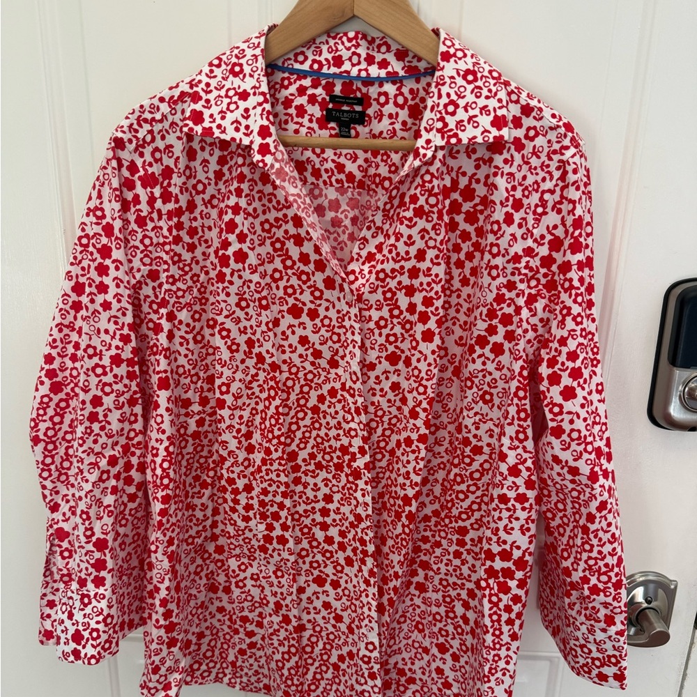 Talbots Red & White Floral Wrinkle Resistant Top plus size button up 22w